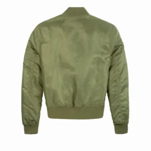 Side profile view of limited edition women's flight jacket showing gold hardware