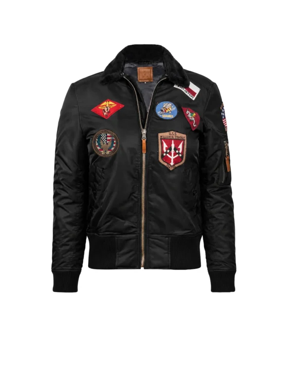 Miss top gun b15 bomber jacket in sage nylon with plush fur collar and naval patches