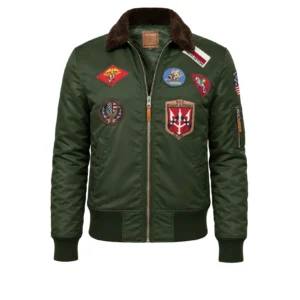Side profile view of women's B-15 flight jacket showcasing fur collar and arm pocket