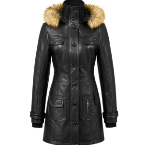 Miss Top Gun long leather jacket in dark brown lambskin with belted waist