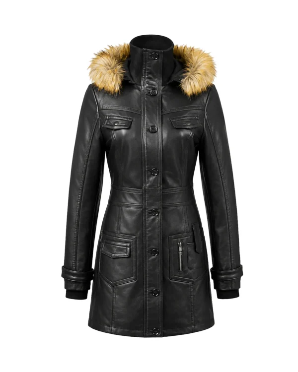 Miss Top Gun long leather jacket in dark brown lambskin with belted waist