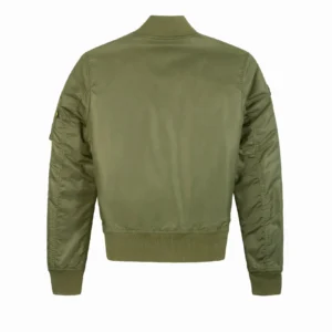 Back perspective of black Miss Top Gun aviator bomber jacket