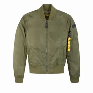 Close-up detail of brass zipper and clean nylon chest on patch-free jacket