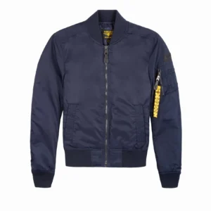 Miss top gun bomber jacket in sleek black nylon laid flat without patches