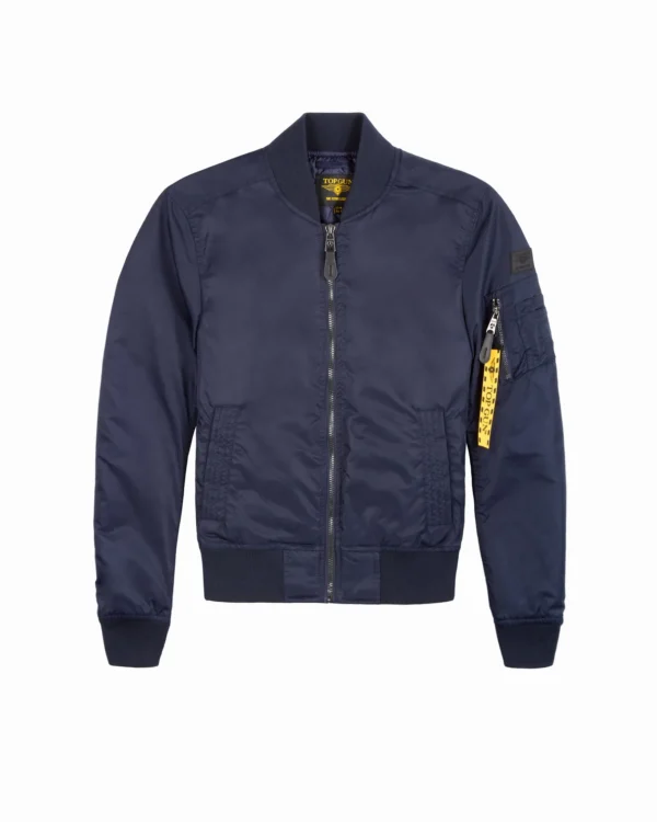 Miss top gun bomber jacket in sleek black nylon laid flat without patches