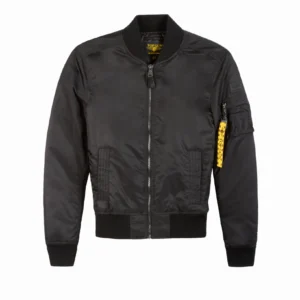 Model wearing fitted black flight jacket against urban architectural background