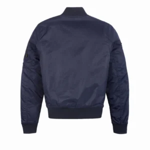 Side profile view of minimalist women's black flight bomber jacket