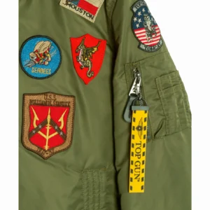 Back view of women's naval bomber jacket displaying tailored shoulder contour
