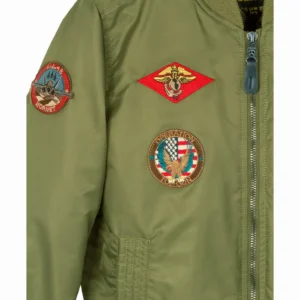 Close-up detail of naval air squadron embroidery on Miss Top Gun flight jacket