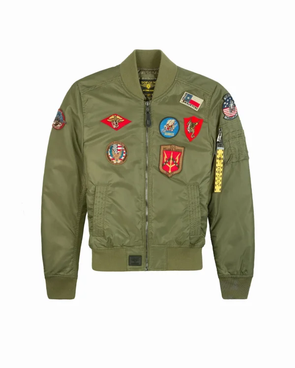 Miss top gun patches bomber jacket in navy nylon with vibrant embroidered flight crests