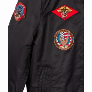 Front flat lay view of navy blue Miss Top Gun aviator jacket