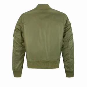 Side angle view of women's fitted aviator bomber jacket highlighting arm utility pocket