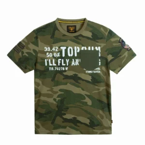 Top Gun camo pocket graphic tee in black cotton with woodland camo pocket
