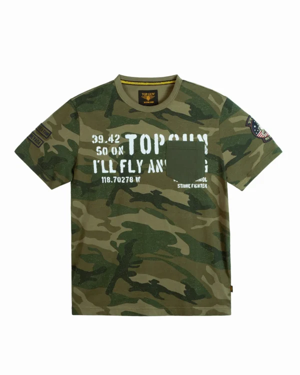 Top Gun camo pocket graphic tee in black cotton with woodland camo pocket