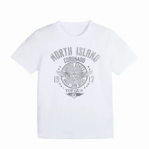 Back view of white aviation heritage tee displaying double-needle hem stitching