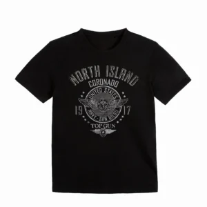 top gun coronado shirt laid flat in white combed cotton with vintage chest graphic