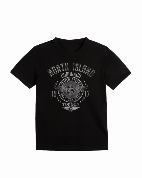 top gun coronado shirt laid flat in white combed cotton with vintage chest graphic