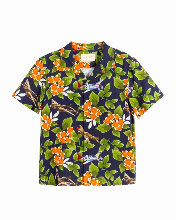 Top Gun tropical short sleeve shirt in black with botanical jet print