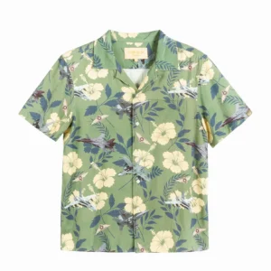 Top Gun Hawaiian short sleeve shirt in blue with fighter jet and palm print
