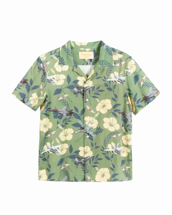 Top Gun Hawaiian short sleeve shirt in blue with fighter jet and palm print