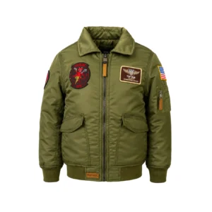 Top Gun kids flight jacket in brown flight nylon with naval patches and fur collar
