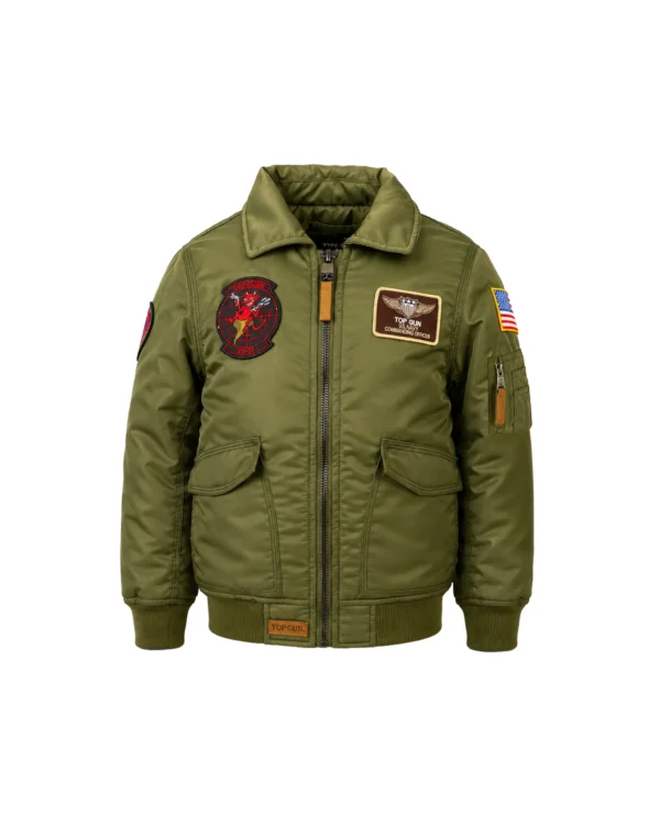 Top Gun kids flight jacket in brown flight nylon with naval patches and fur collar