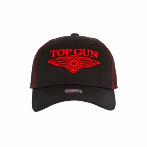 Top Gun logo trucker hat with black front crown and breathable white mesh back