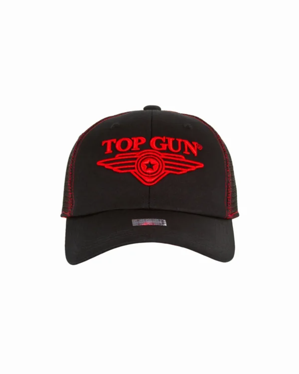 Top Gun logo trucker hat with black front crown and breathable white mesh back