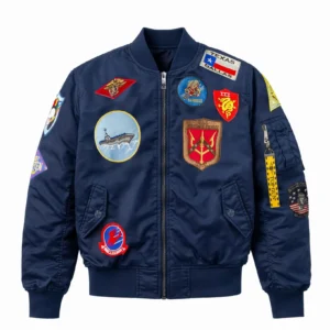 Rear perspective of Top Gun official patches bomber showing heavy-duty back stitching