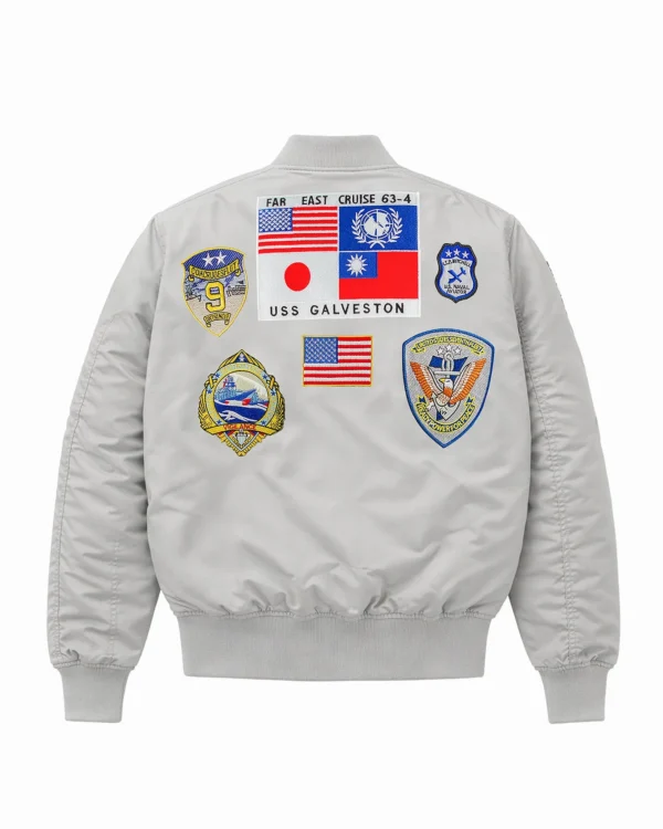 Top gun patches bomber jacket in sage flight nylon featuring military naval aviation patches