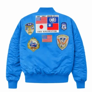 Lifestyle view of aviator bomber jacket featuring athletic military fit