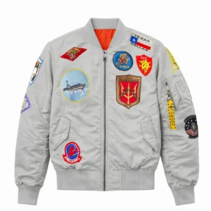 Side profile of Top Gun flight jacket displaying ribbed knit collar and zippered utility pocket