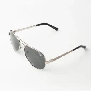 Top Gun Polarized Aviator Runway Sunglasses - silver metal frame with gray lenses front view