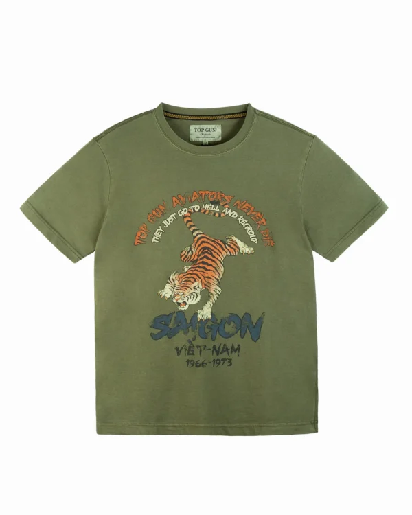 Top Gun Saigon tiger tee front graphic on washed military cotton