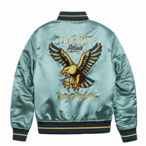 Top Gun Satin Eagle jacket in glossy olive satin with embroidered eagle back