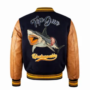 Top Gun Shark varsity jacket with wool body and embroidered shark mouth patch