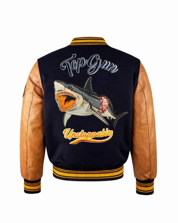Top Gun Shark varsity jacket with wool body and embroidered shark mouth patch